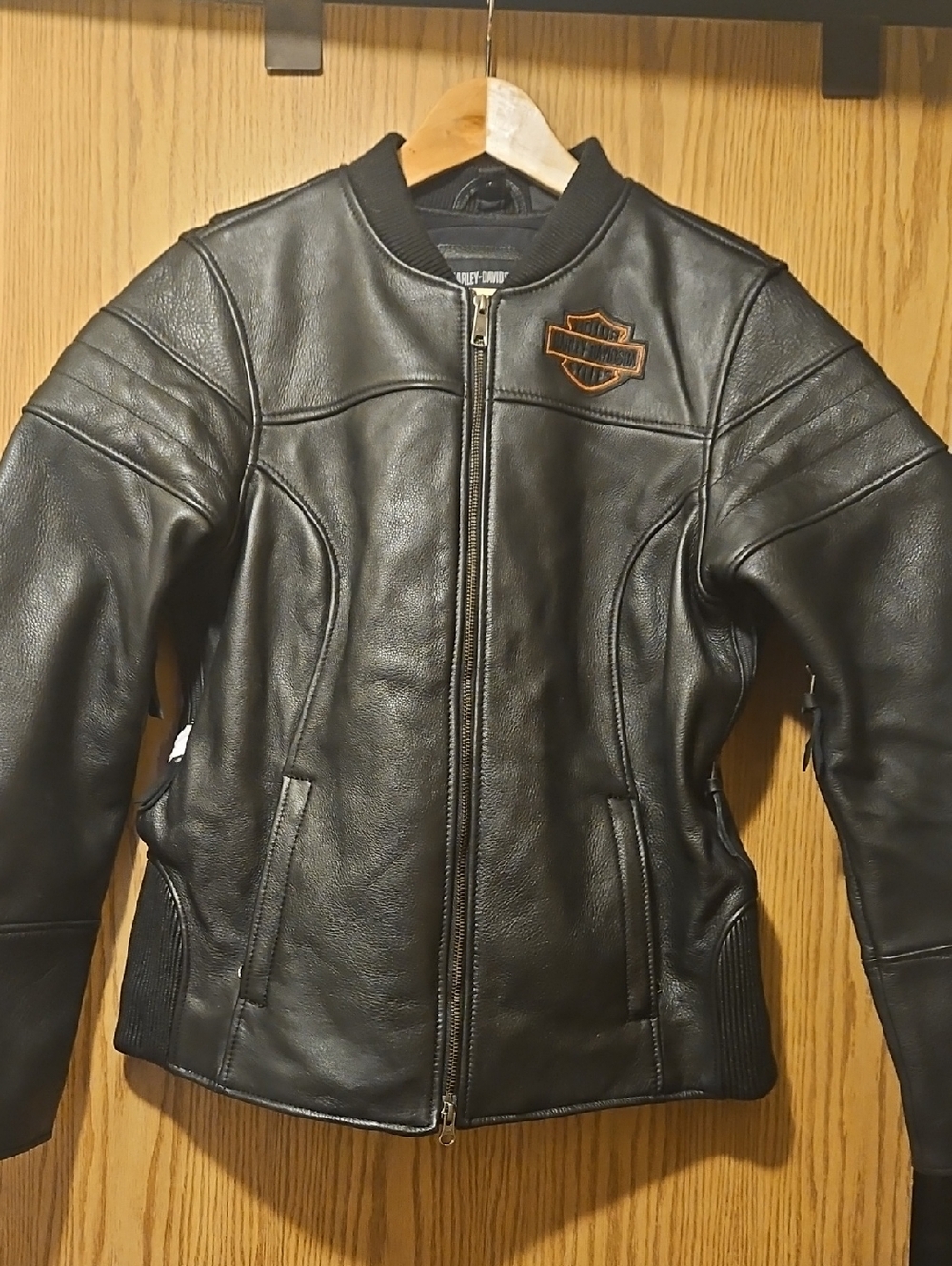 New W/O Tags Harley-Davidson Black Women's Leather Riding Jacket w/ Orange Patch